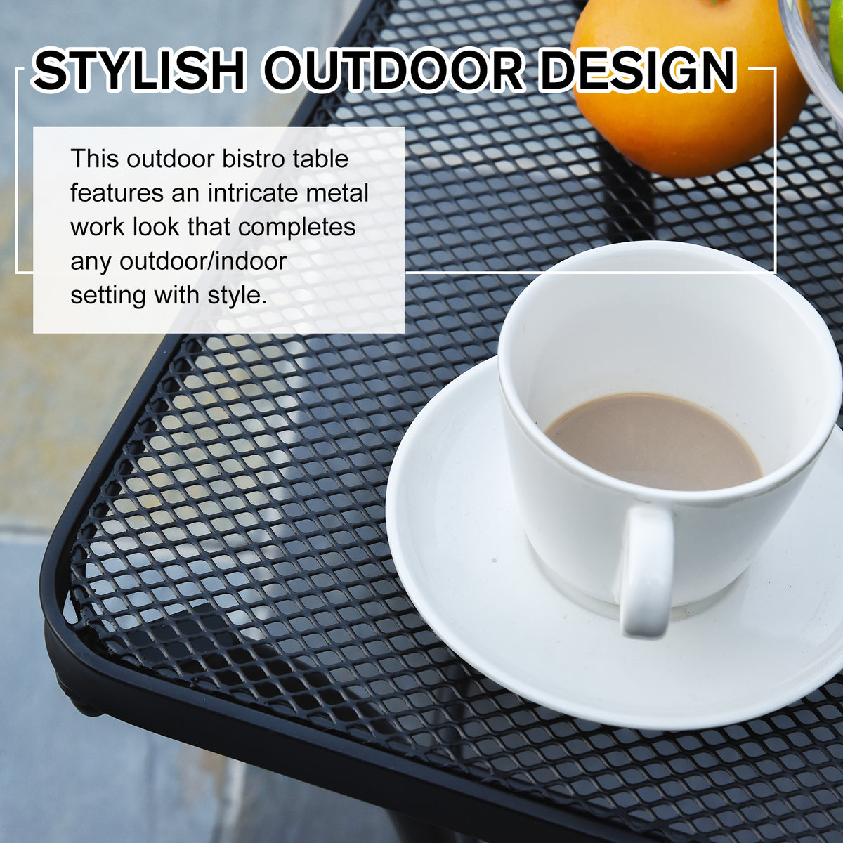 Outsunny black metal bistro table with mesh top shown holding a cup and saucer