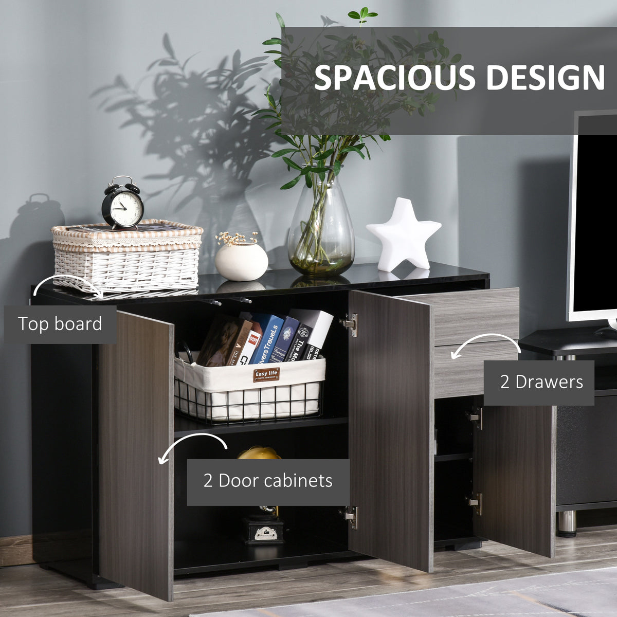 HOMCOM side cabinet with two open doors, two drawers and interior storage shelves