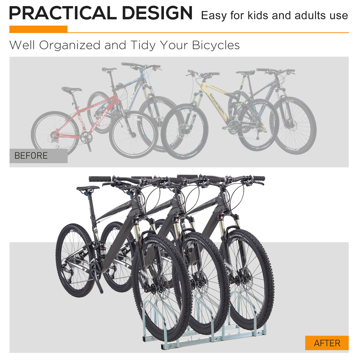 Three bicycles neatly parked in the silver three-slot rack