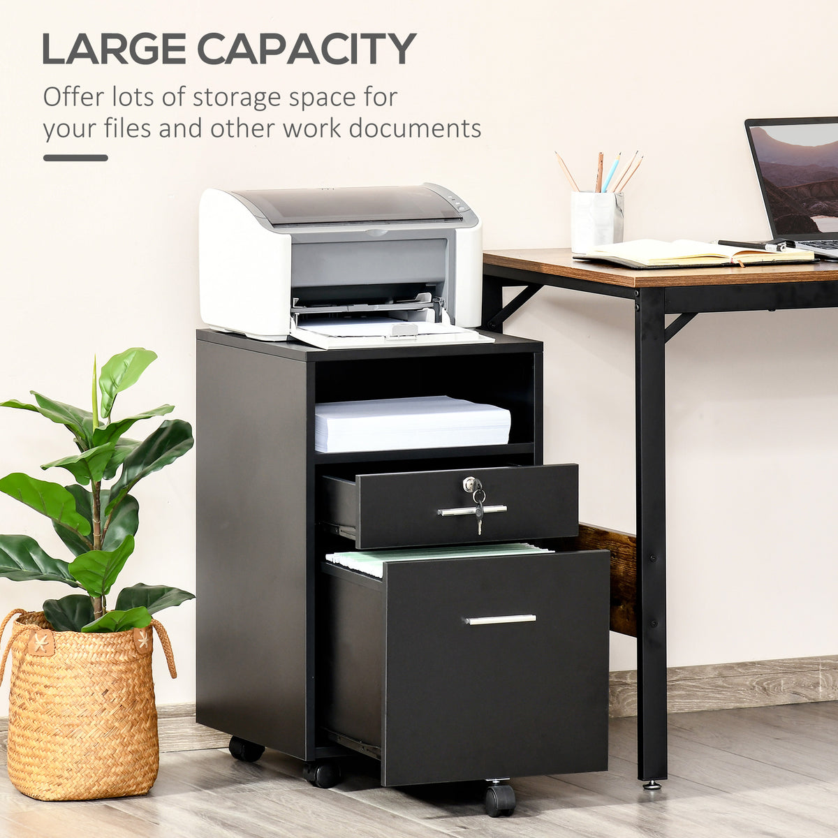 Black two-drawer filing cabinet with wheels, open drawers and a top storage shelf.