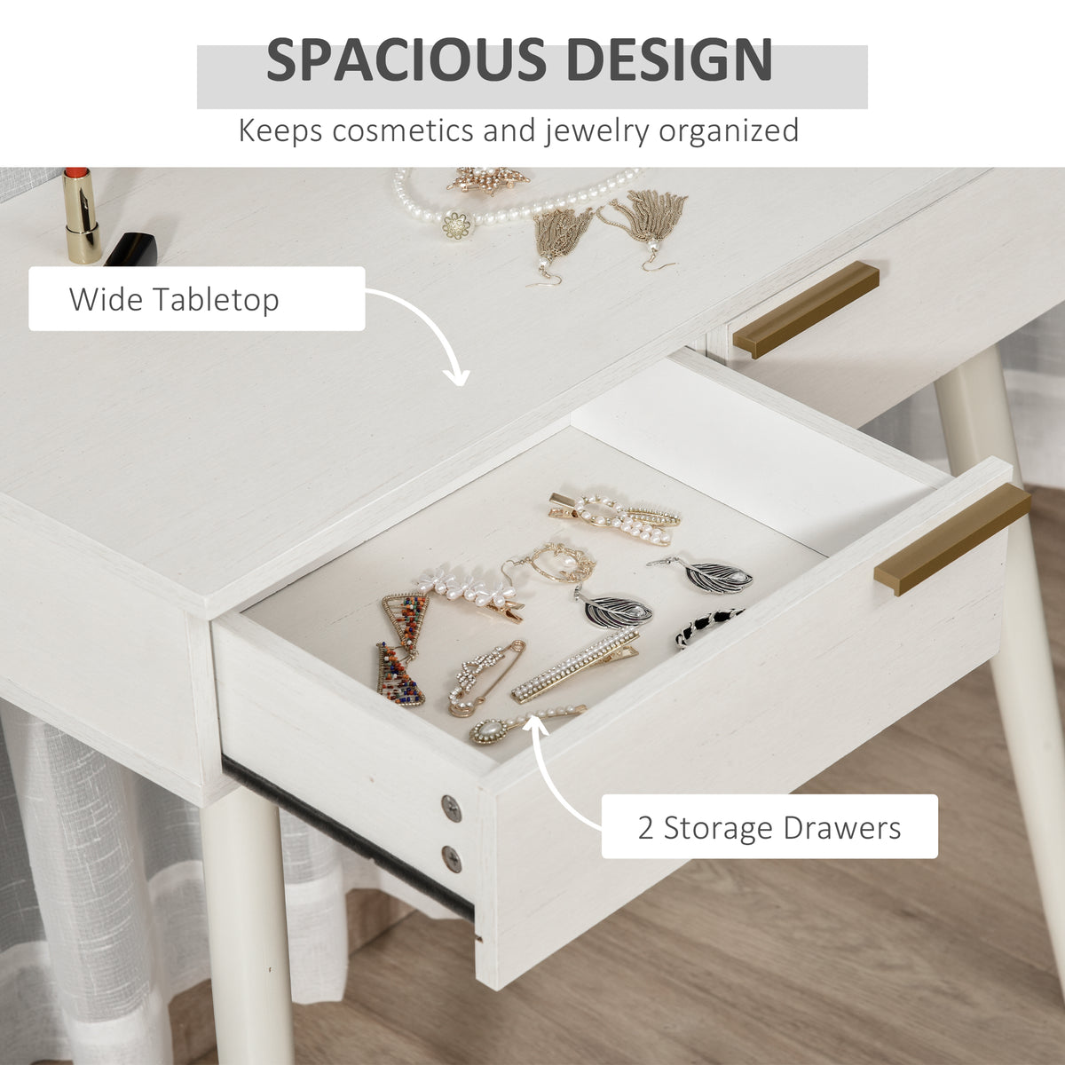 Open dressing table drawer showing jewelry storage and a wide tabletop