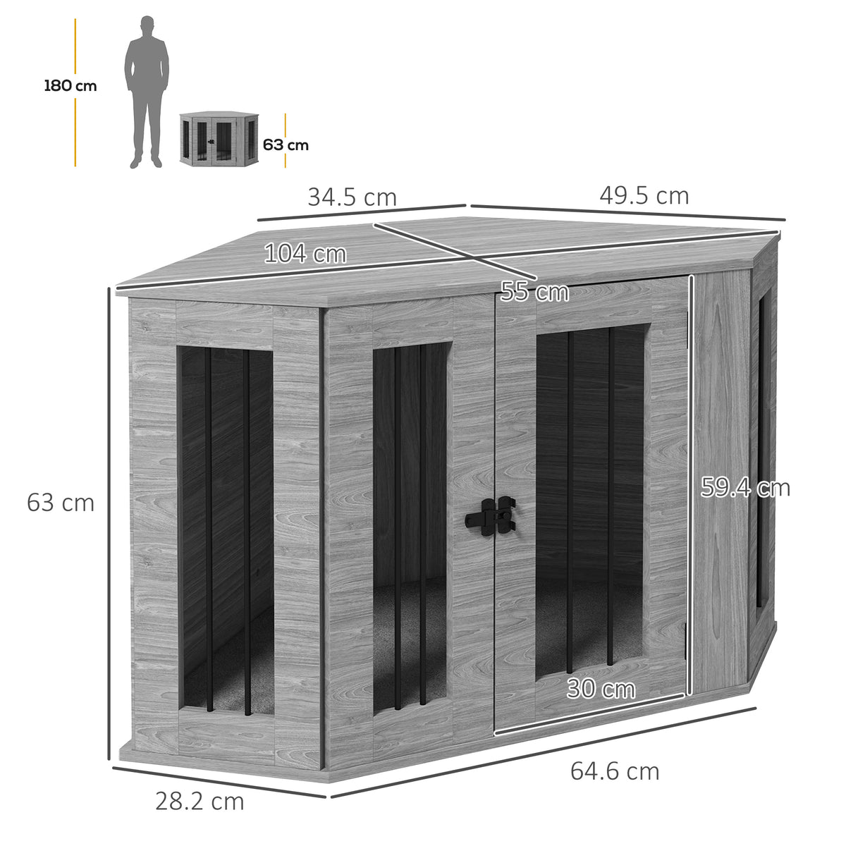 Grey corner dog crate side table, shown with dimensions of 104 x 55 x 63 cm