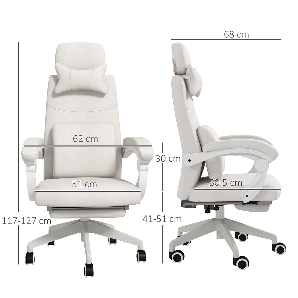 White office chair shown front and side, with seat, backrest and height measurements