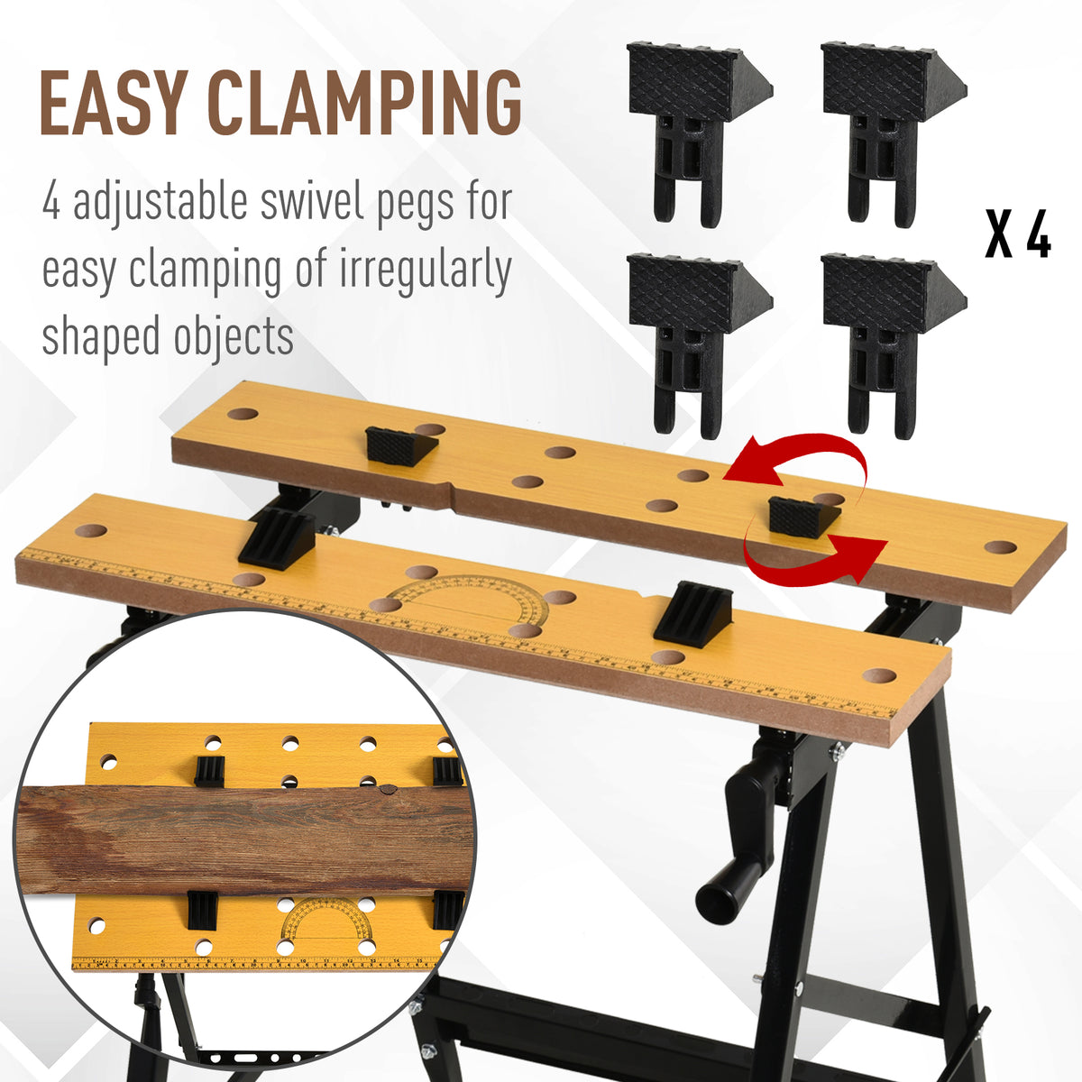 DURHAND workbench with four adjustable swivel pegs for clamping irregularly shaped objects