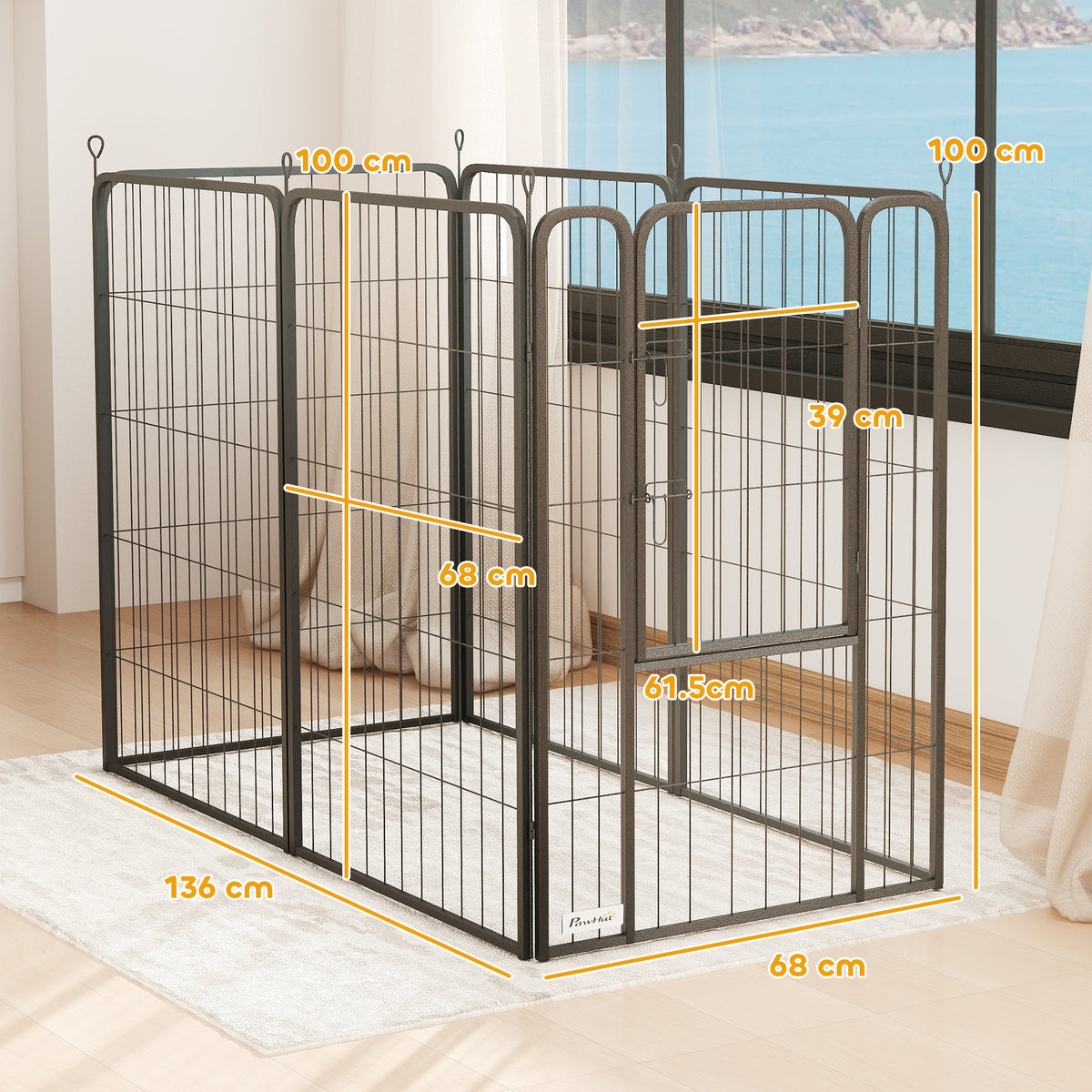 Black six-panel dog playpen with door, shown with height and panel measurements