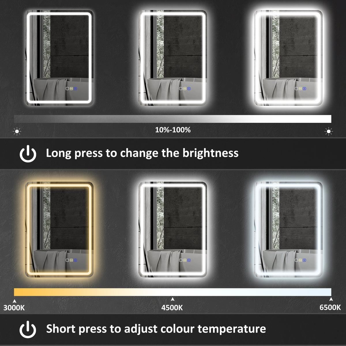 HOMCOM LED bathroom mirror showing adjustable brightness and three color temperatures