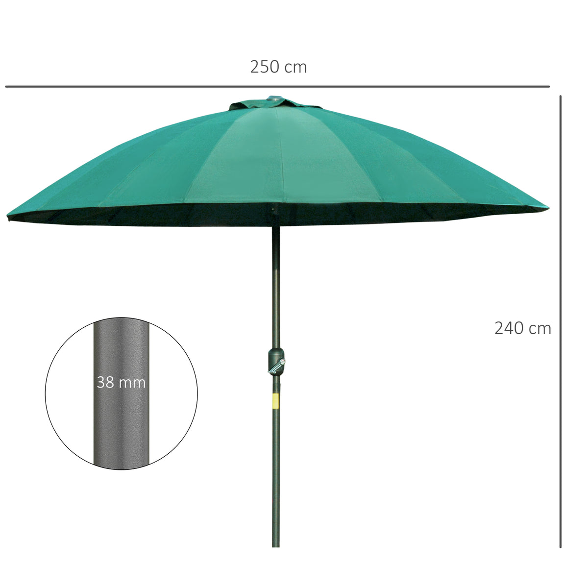 Green garden parasol with 250 cm canopy, 240 cm height, and 38 mm pole