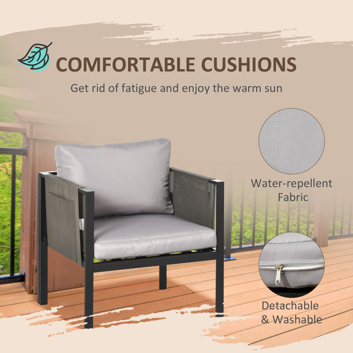 Outsunny 4 Piece Metal Garden Furniture Set with Tempered Glass Coffee Table, Texteline Pocket, Outdoor Set Loveseat Single Armchairs with Padded Cushions, Light Grey