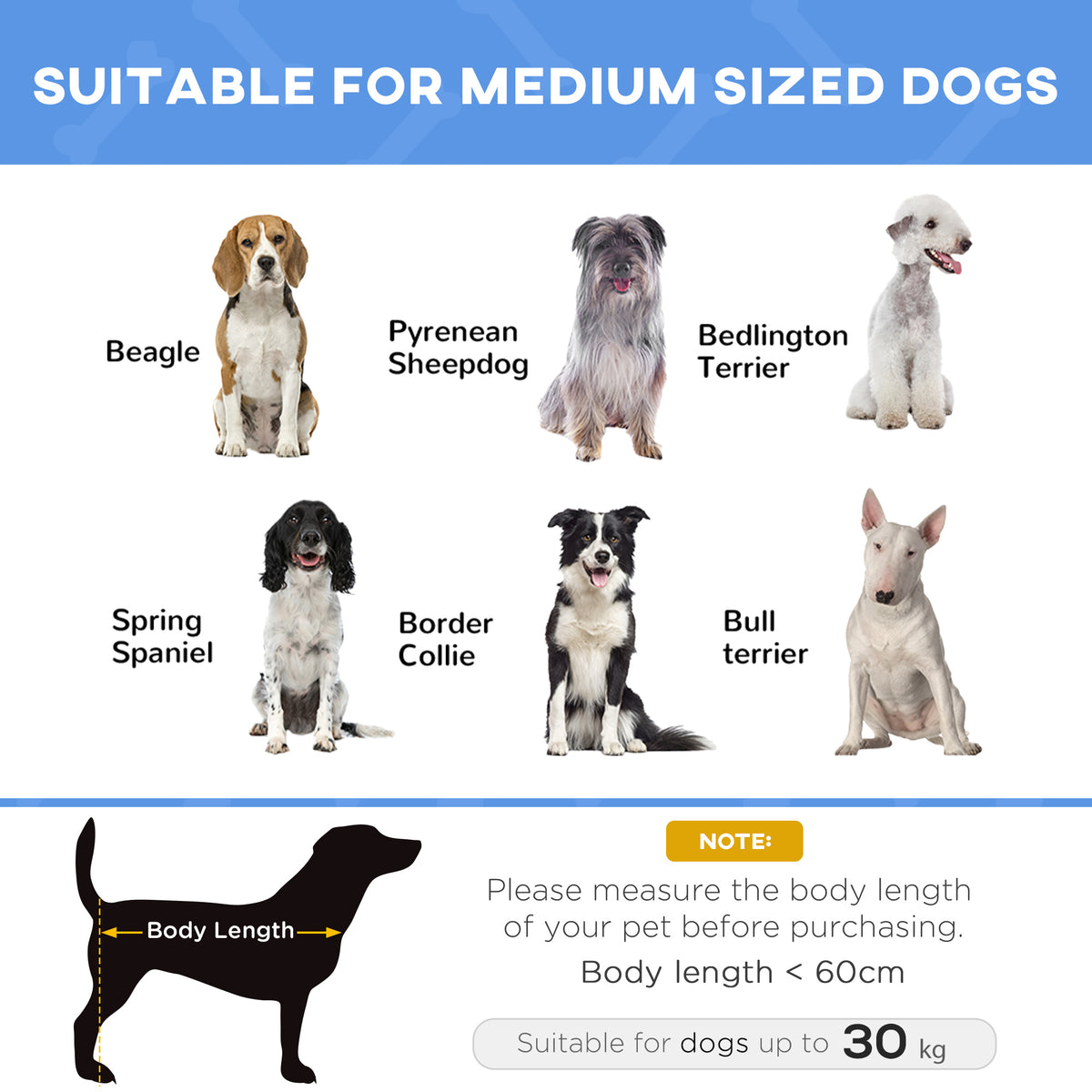 Raised pet bed recommended for medium-sized dogs up to 30 kg