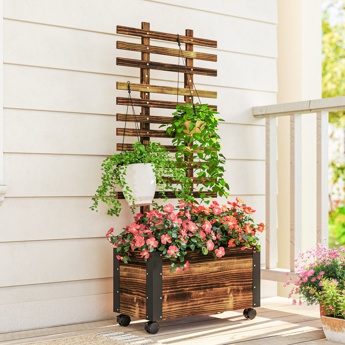Outsunny Raised Garden Bed with Trellis, Outdoor Wooden Planter Box with Metal Corners and Wheels, Raised Bed for Garden