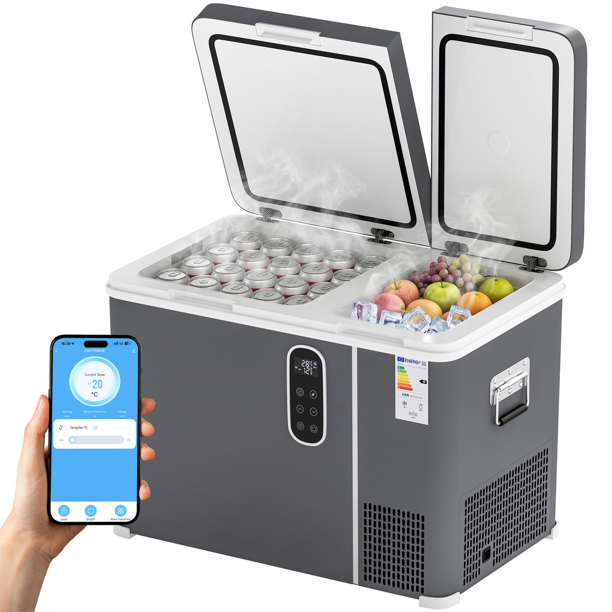 Outsunny 45L Compressor Car Fridge Freezer, Dual Zone Camping Refrigerator with App Control, Grey