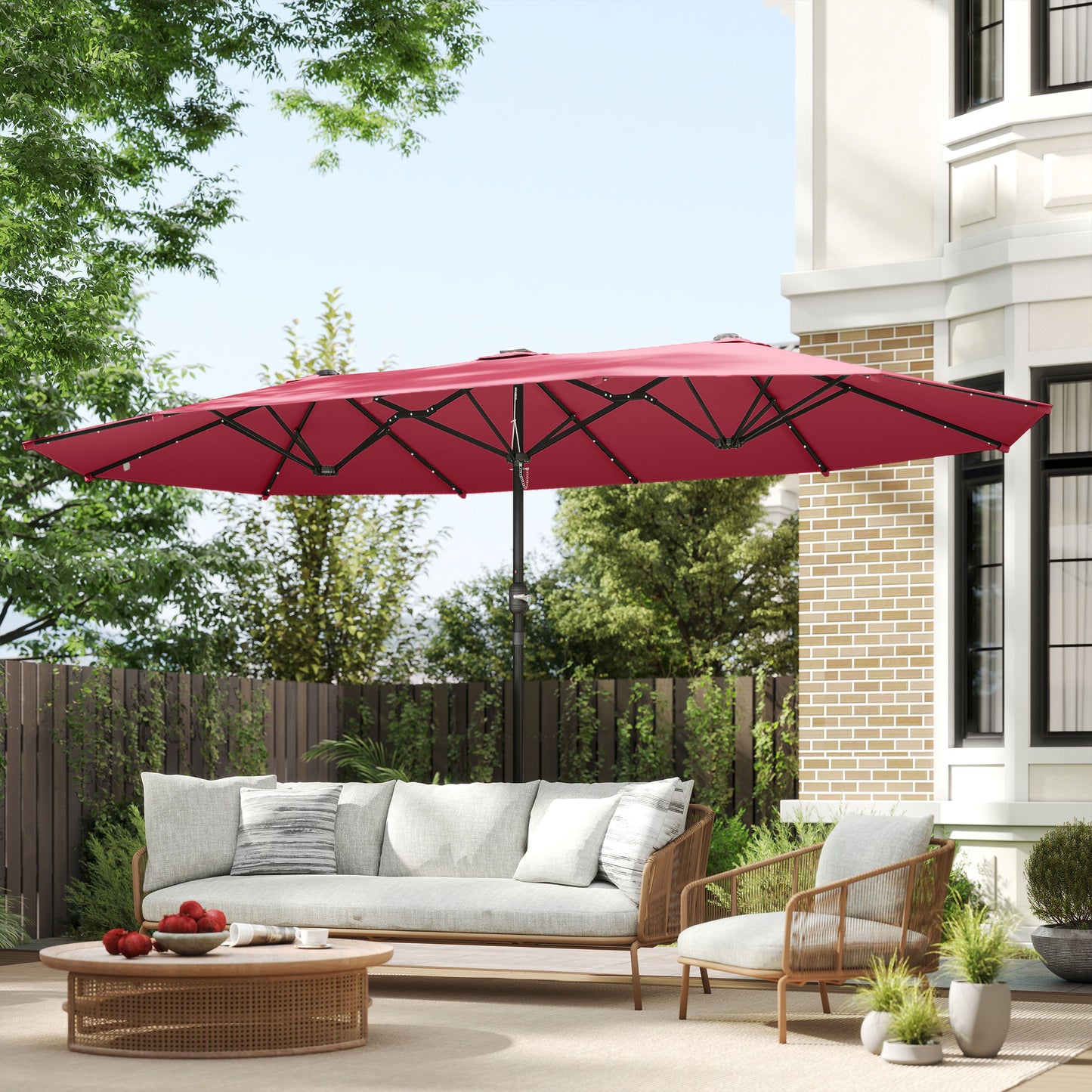 Outsunny 4.4m Double-Sided Sun Umbrella Patio Parasol LED Solar Lights Red