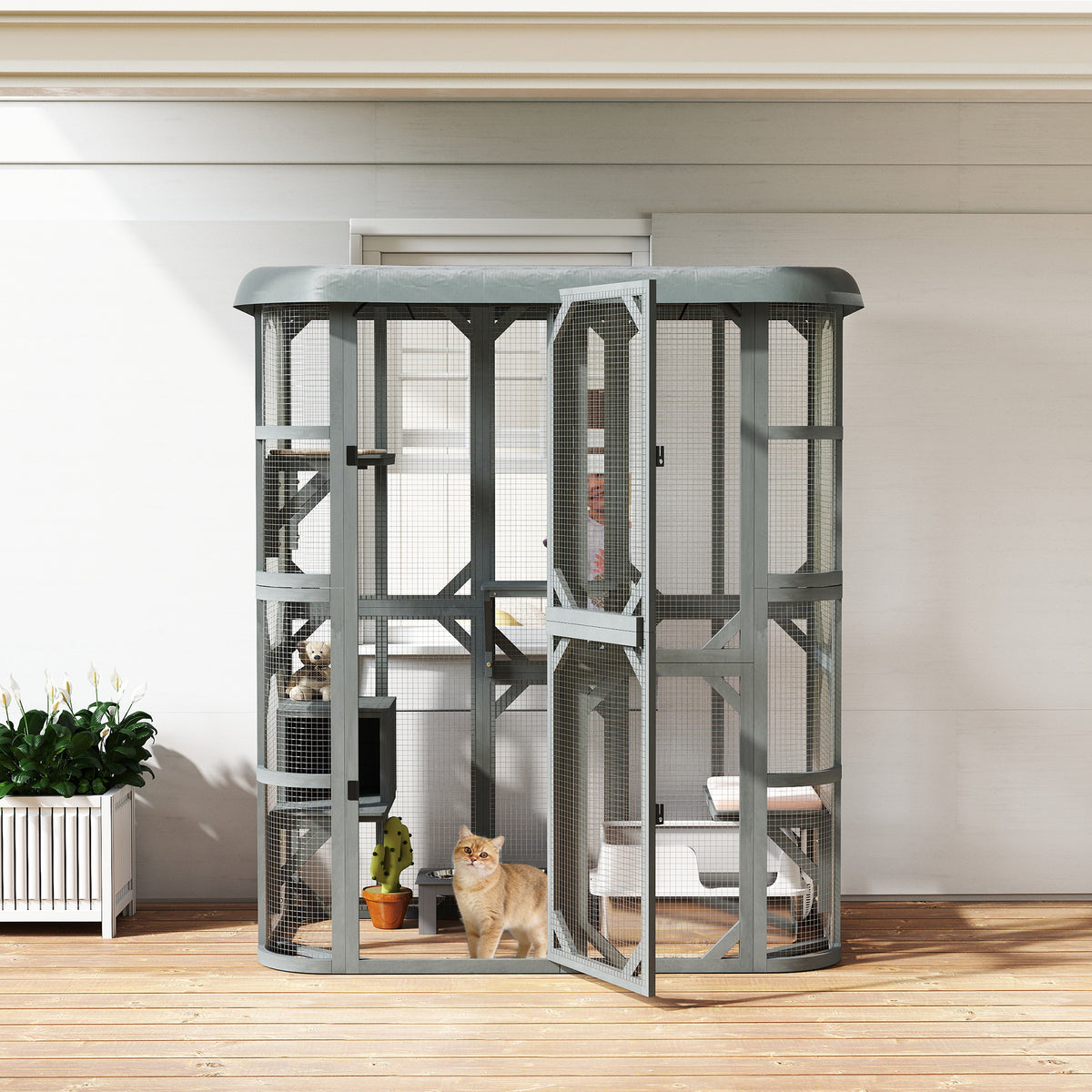 PawHut Catio Outdoor Cat Enclosure, Wooden Cat House with Platforms, Condo and Waterproof Cover for 2–3 Kittens, Grey