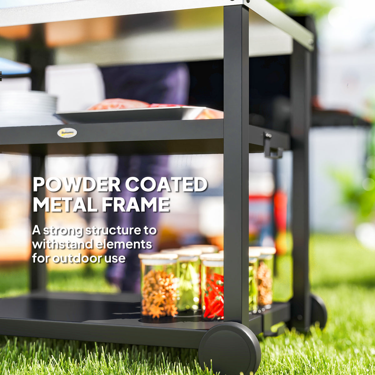 Outsunny grill cart close-up showing its powder-coated metal frame, shelves, and wheel