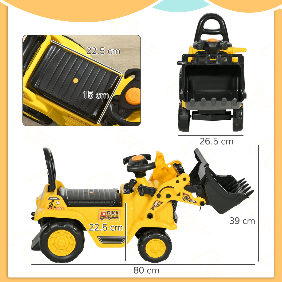 Yellow ride-on excavator with black bucket, seat, steering wheel and dimension callouts.