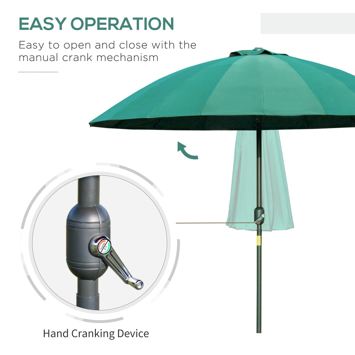 Green garden parasol with crank mechanism shown open and partially lowered
