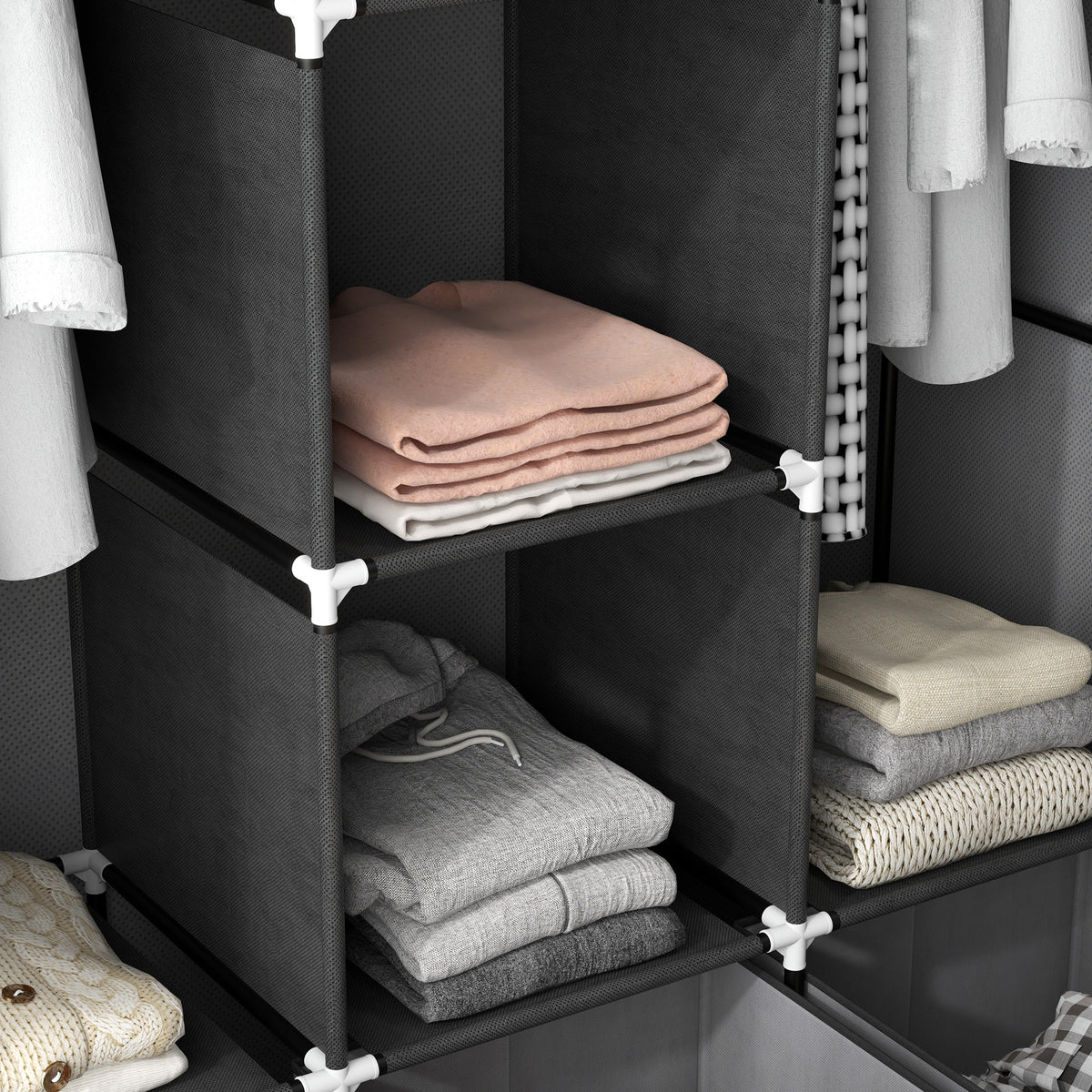 HOMCOM Foldable Fabric Wardrobe for Bedroom, Portable Wardrobe with 5 Shelves, 2 Hanging Rails and 3 Fabric Drawers, Dark Grey