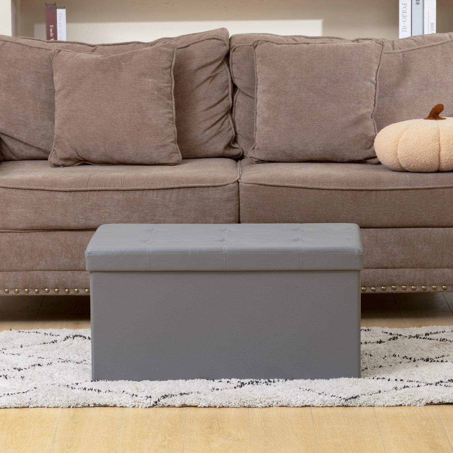 HOMCOM Storage Ottoman Bench, 89L PU Leather Folding Foot Rest Stool, End of Bed Bench, Easy Assembly, for Living Room, Bedroom, Entryway, Grey