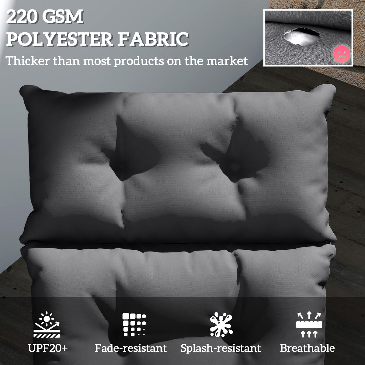Dark grey cushion close-up showing tufted 220 gsm polyester fabric
