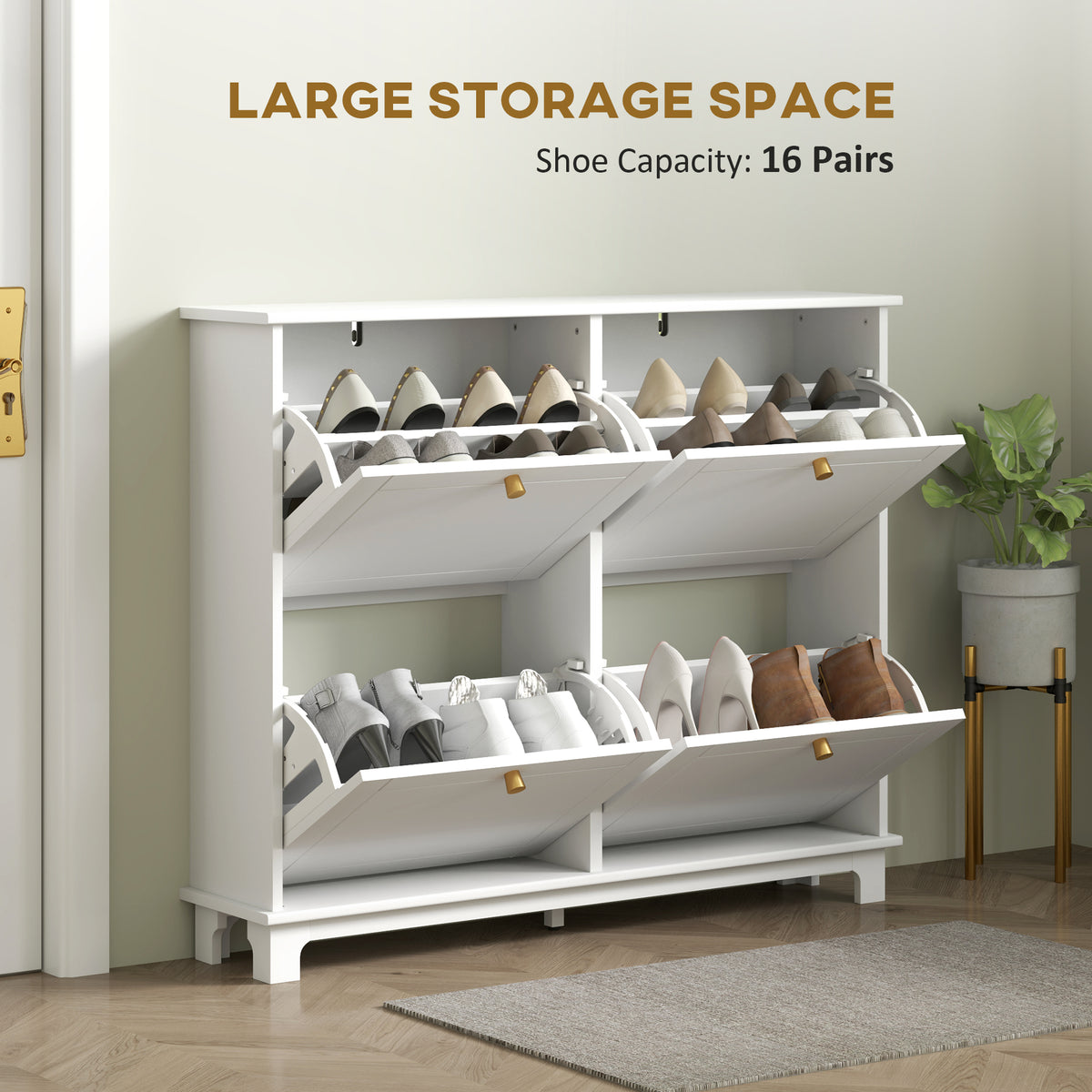 White narrow shoe cabinet with four open flip drawers holding shoes