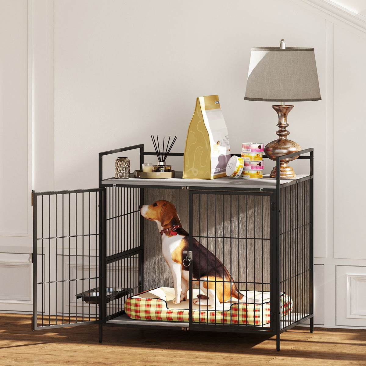 PawHut Dog Crate Furniture with Rotating Bowl Holder, 2 Bowls, 2 Doors, for Medium Dogs, 80 x 56 x 76.5 cm, Grey