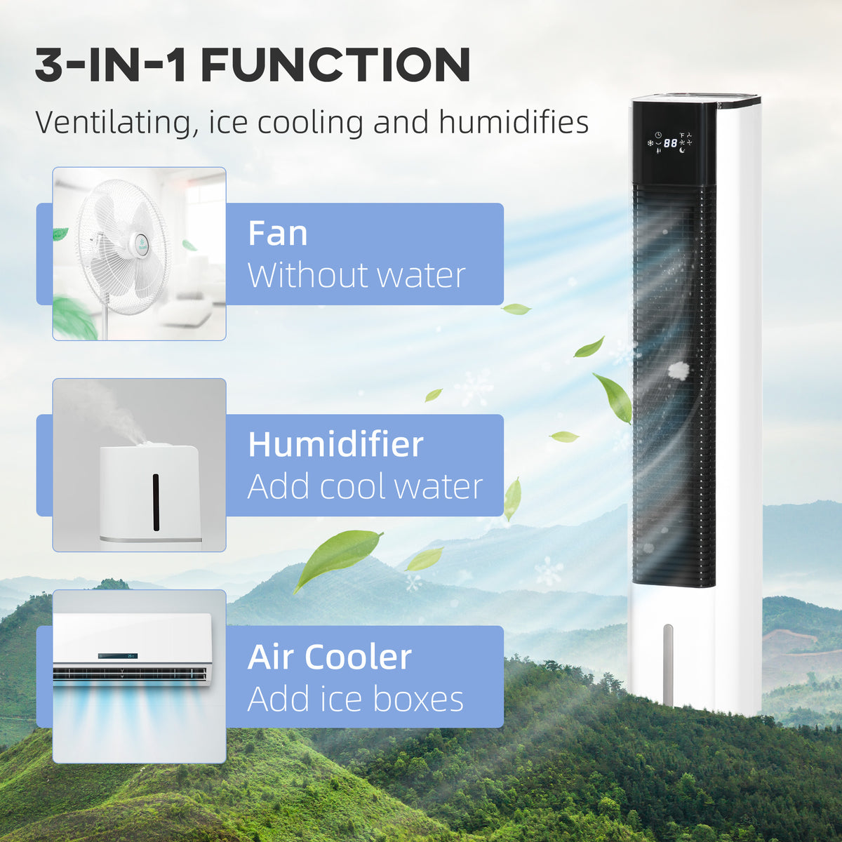 White HOMCOM tower air cooler shown with fan, humidifier, and ice-cooling functions.
