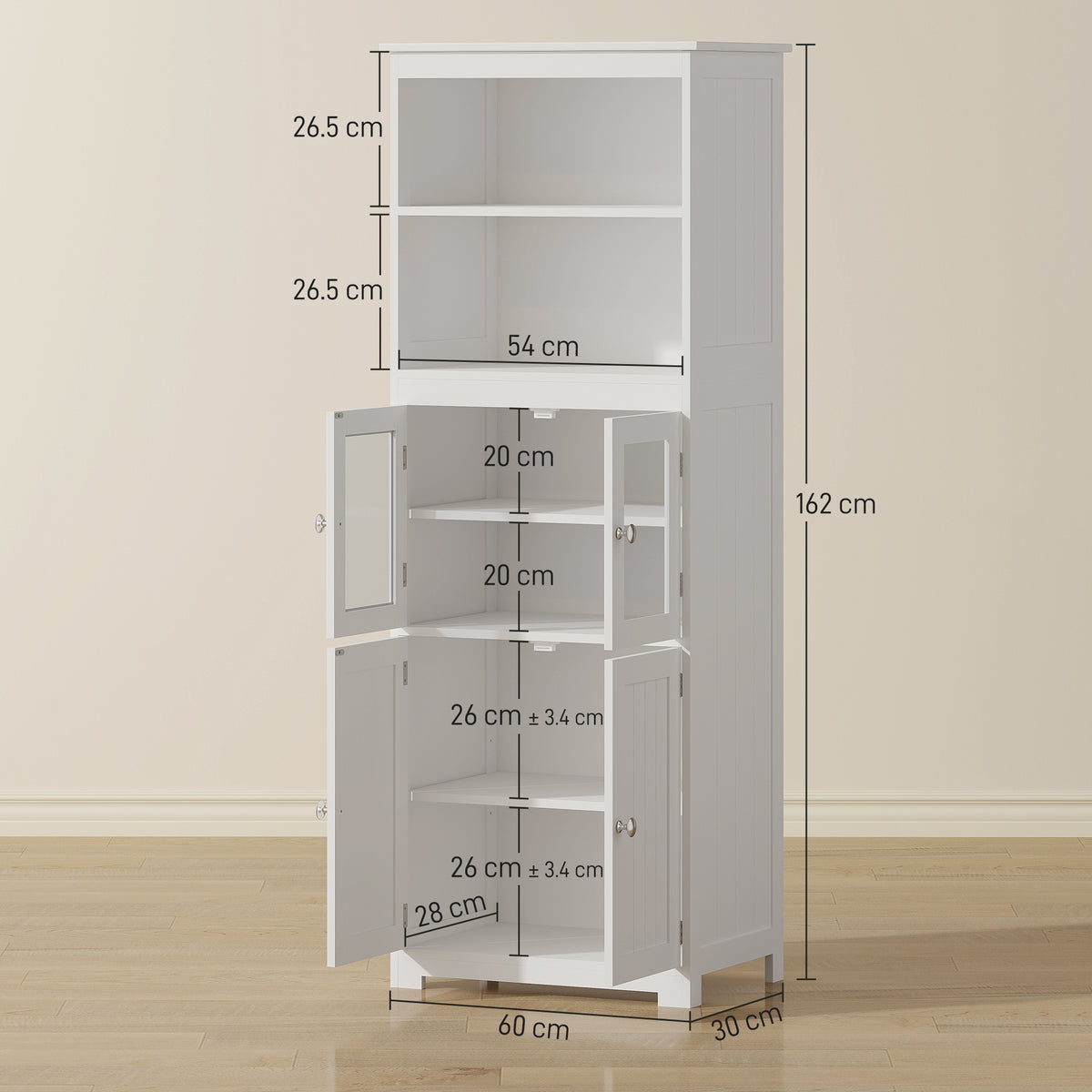 White four-door kitchen cupboard with glass upper doors, adjustable shelves, and labeled dimensions.