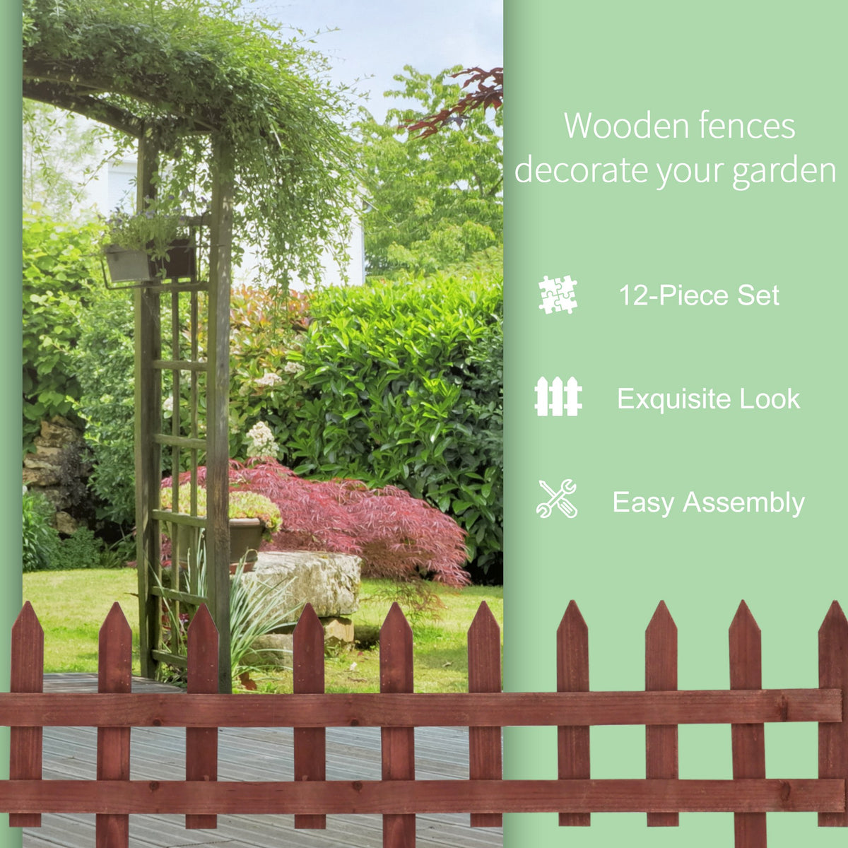 Reddish-brown wooden garden fence with pointed pickets, shown as a 12-piece set.