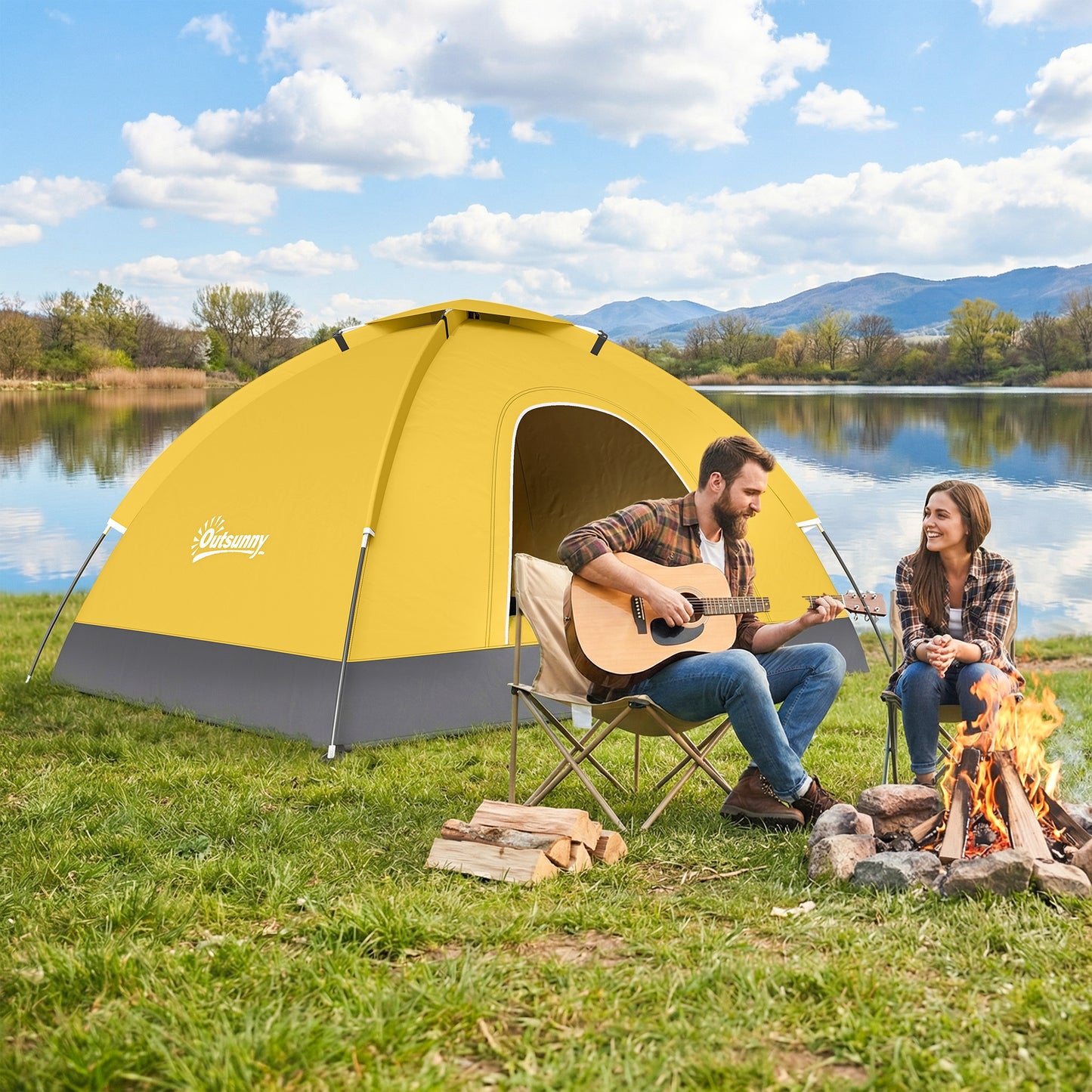 Outsunny 2 Person Camping Tent, Dome Tent with Zipped Doors, Storage Pocket, Portable Handy Bag, Yellow