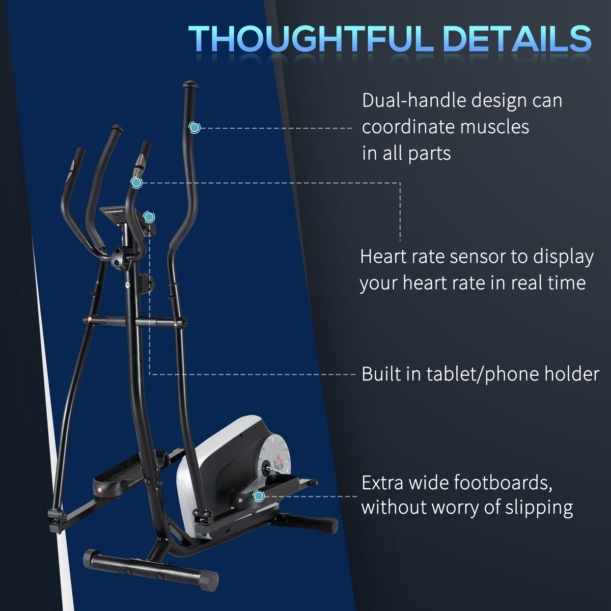 HOMCOM elliptical cross trainer with moving handles, heart rate sensors, holder and wide foot pedals