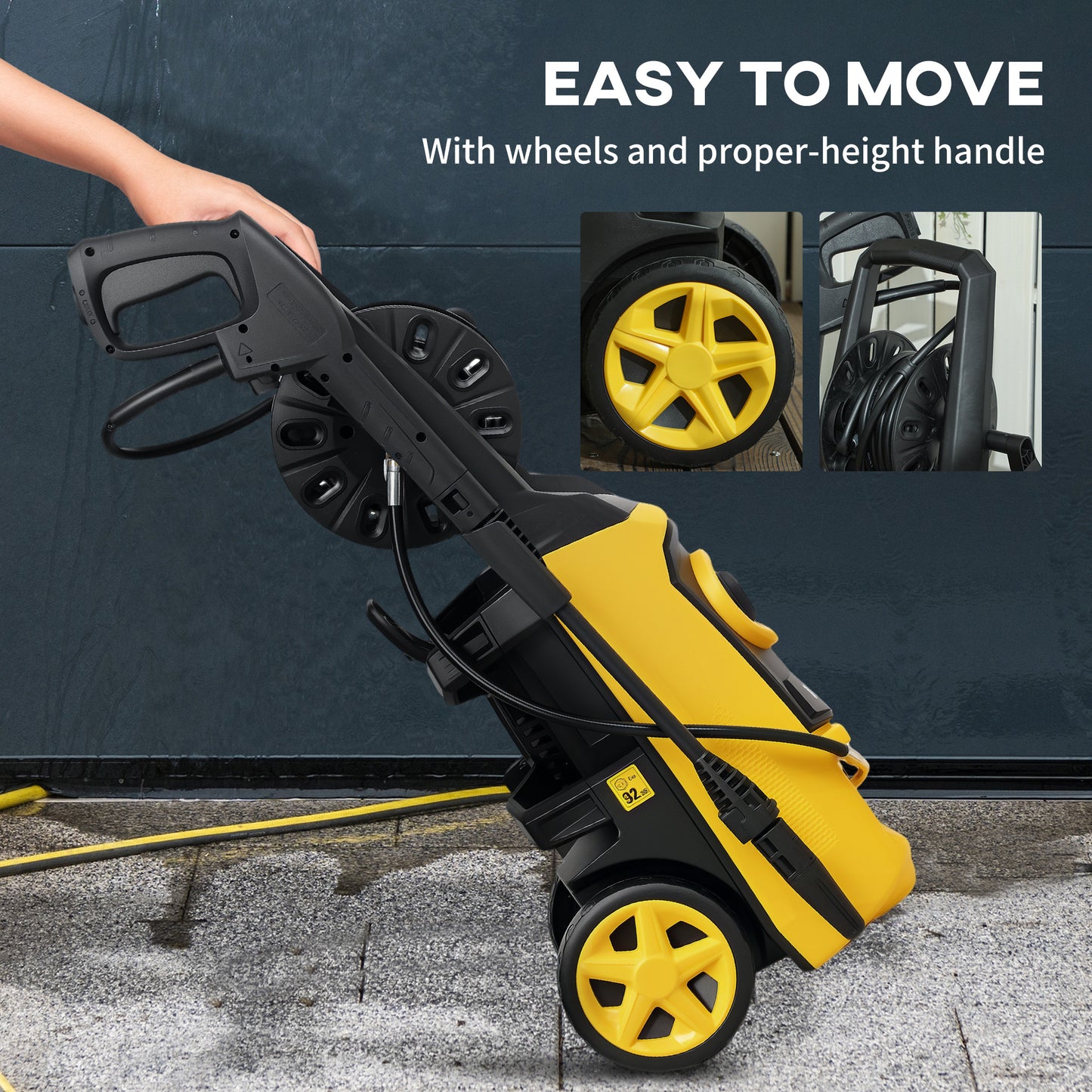 DURHAND 1800W High Pressure Washer, 150 Bar Pressure, 510 L/h Flow, High-Performance Portable Power Washer Jet Wash Cleaner with 6M Hose and Hose Reel for Garden, Car, Furniture, Yellow