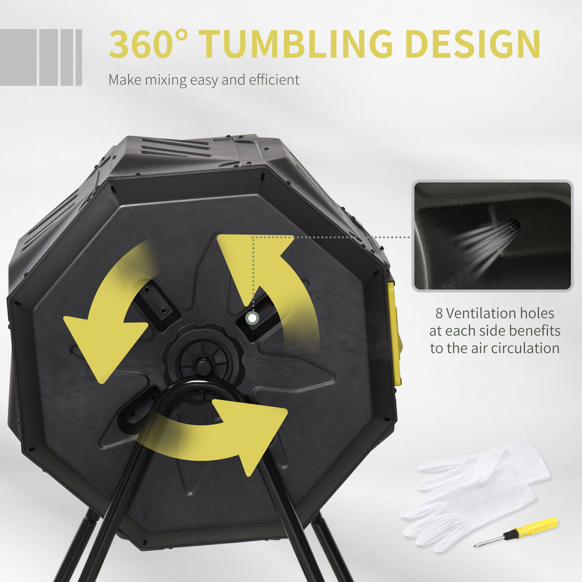 Outsunny rotating composter with side ventilation holes and a 360-degree tumbling design.