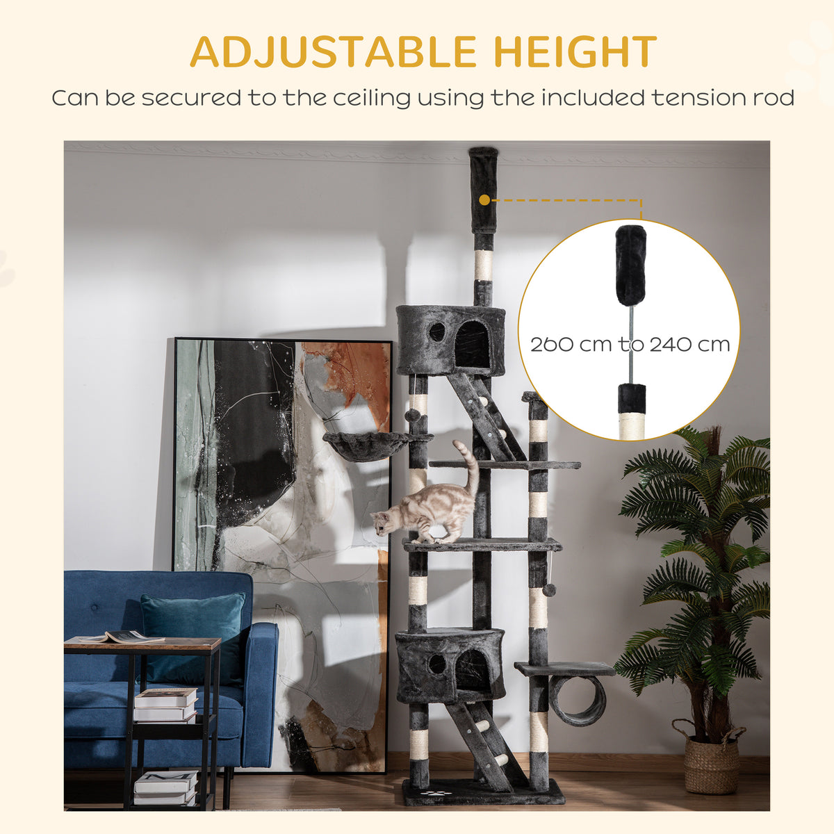 Adjustable dark gray cat tree secured to the ceiling with a tension rod, shown with a cat