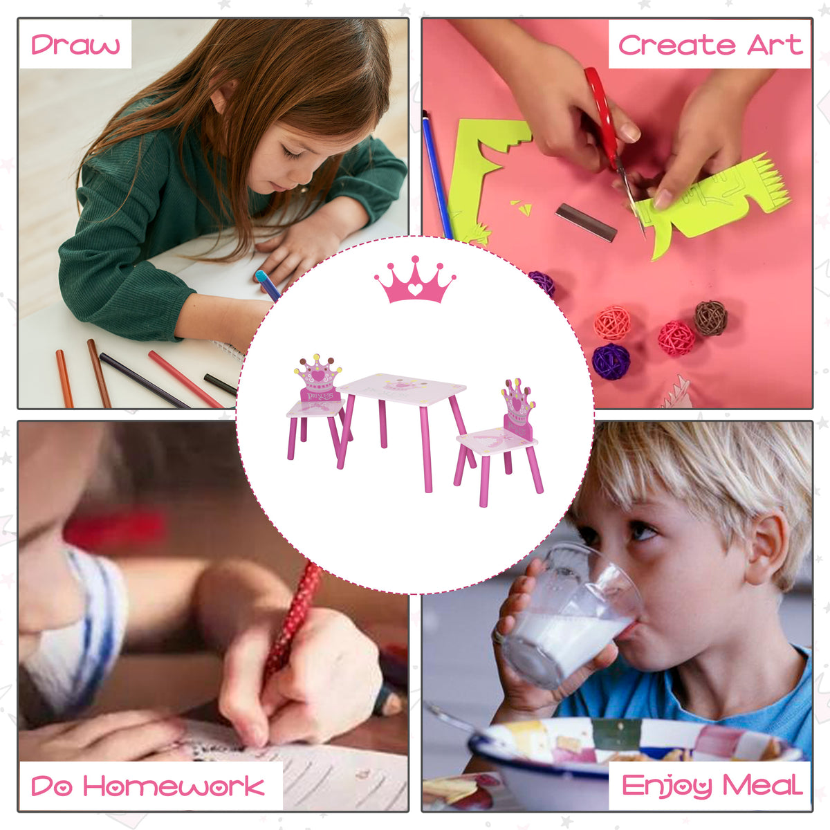 Pink princess-themed children's table and chair set shown for drawing, crafts, homework, and meals