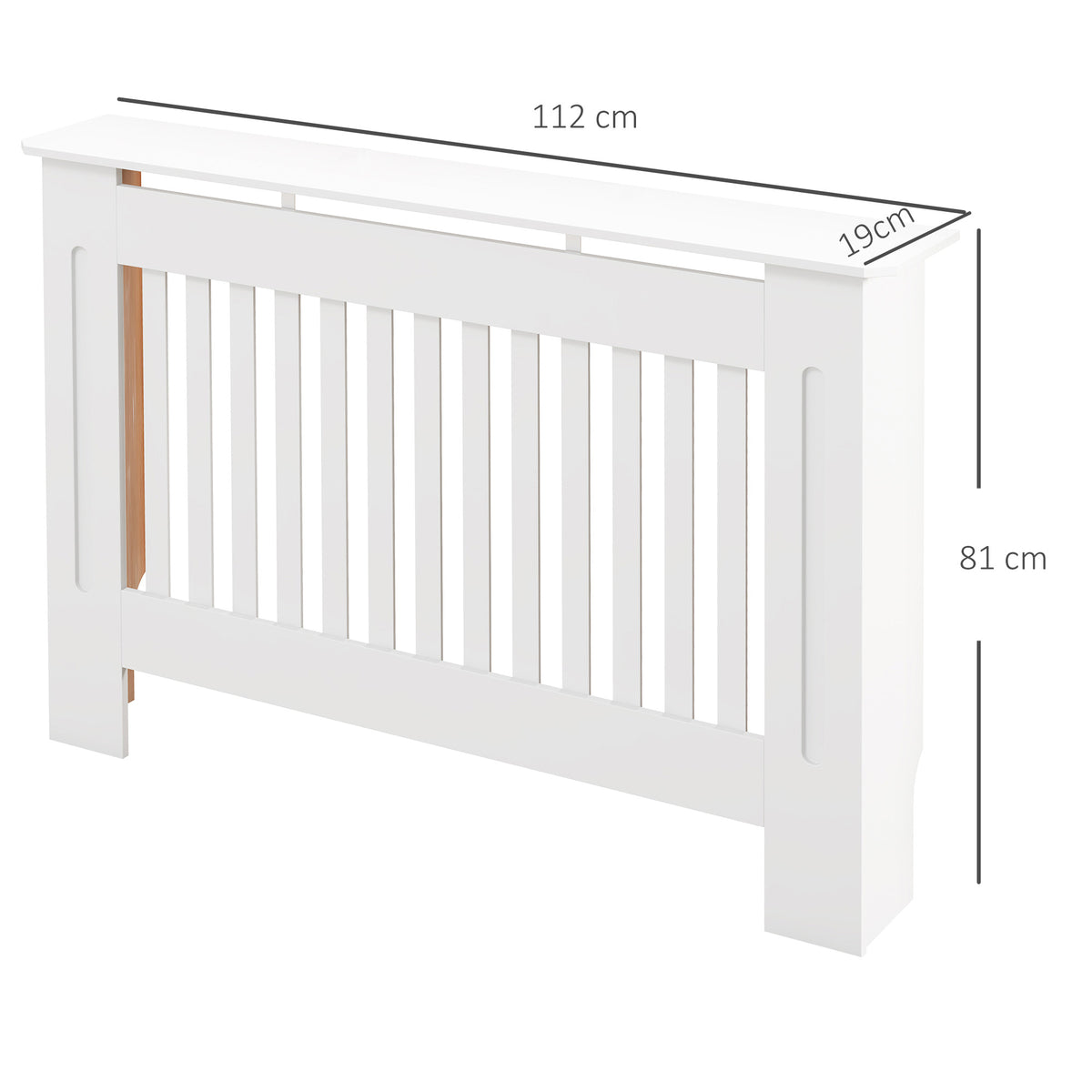 White radiator cover with vertical slats, shown with dimensions of 112 x 19 x 81 cm
