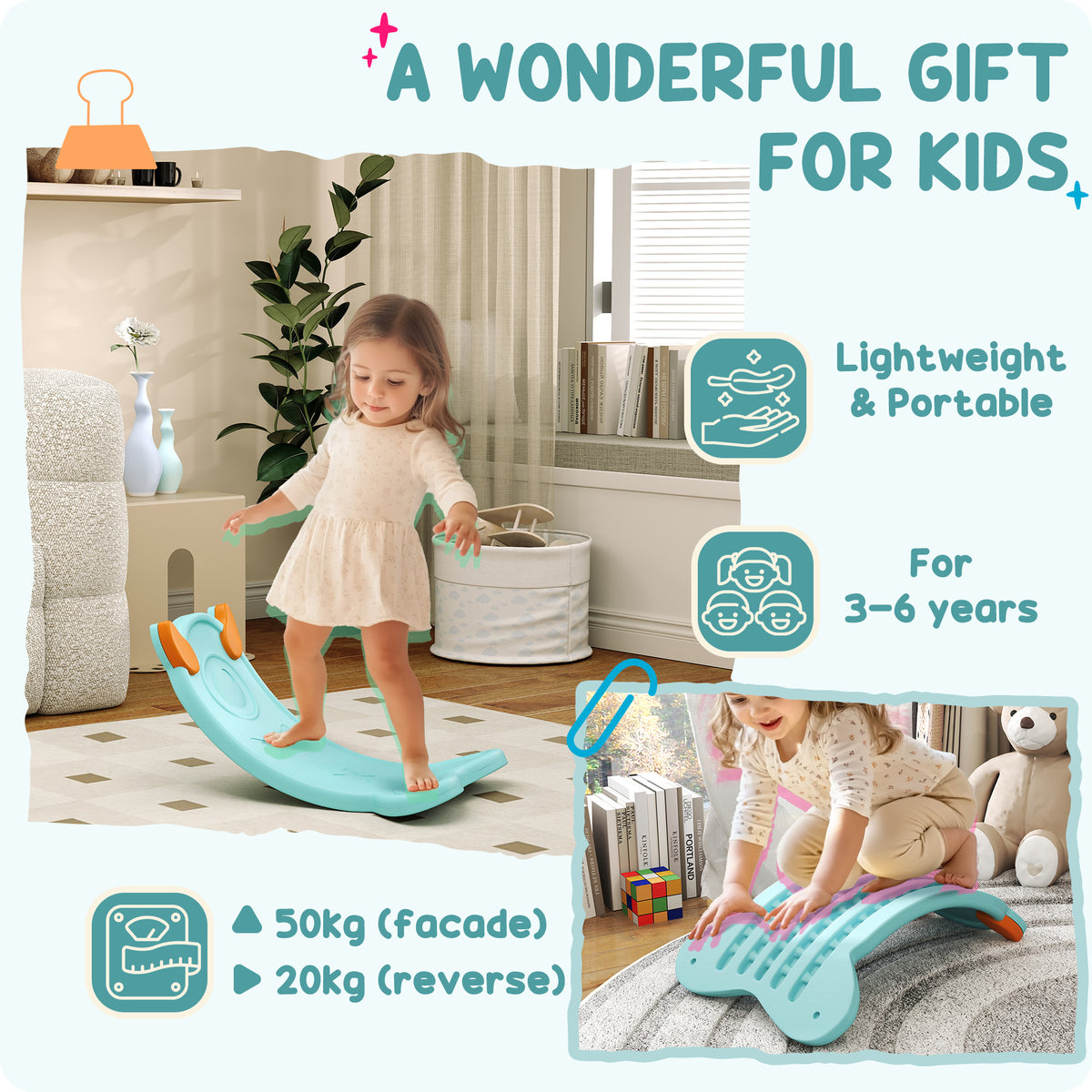 Child standing on the light blue AIYAPLAY balance board with orange grips