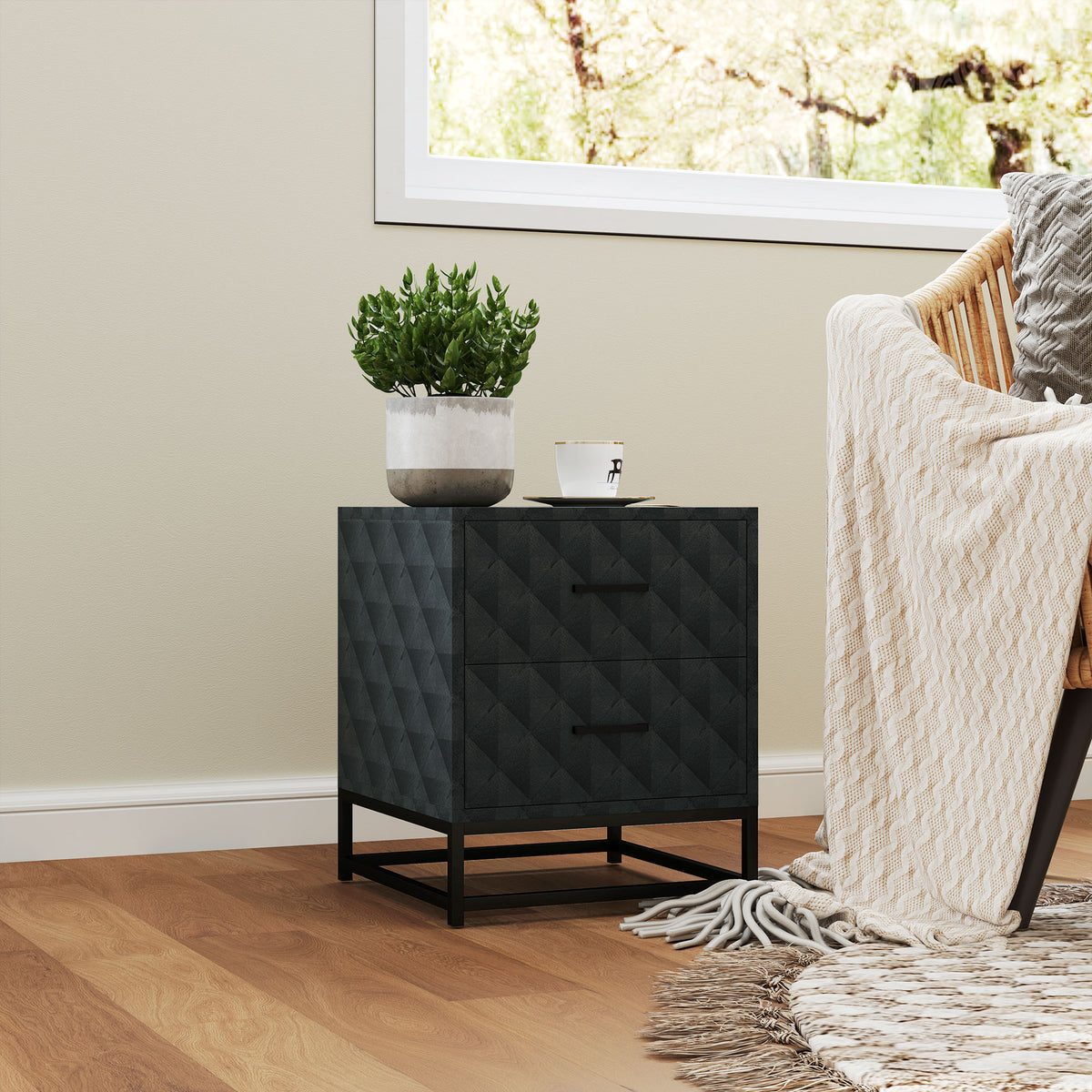 HOMCOM Bedside Tables Set of 2, Modern Bedside Table Nightstand with 2 Drawers, Bedside Cabinet Sofa Side Table with Storage, Steel Legs for Bedroom, Living Room, Black
