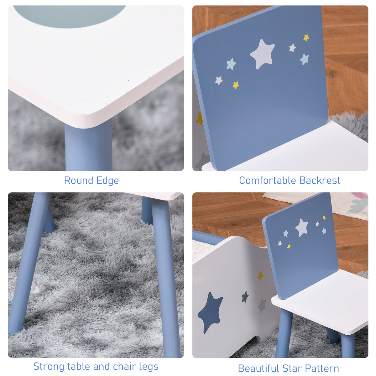 Close-ups of a kids' table and chair set with rounded white edges, blue legs and star-patterned backs.