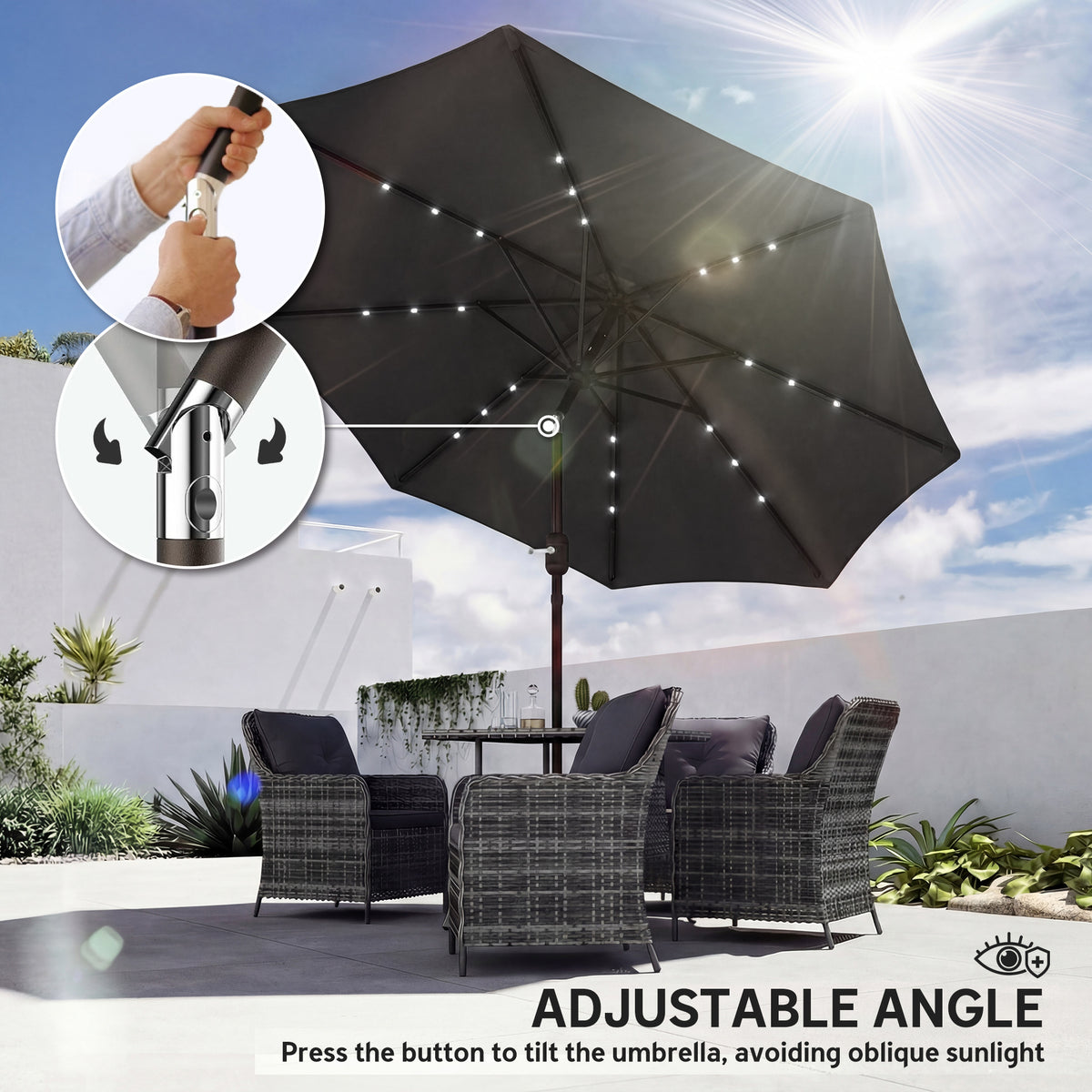 Outsunny 2.6 m Garden Parasol Umbrella with LED Solar Light, Parasol Cover, Outdoor Market Patio Umbrella, Black