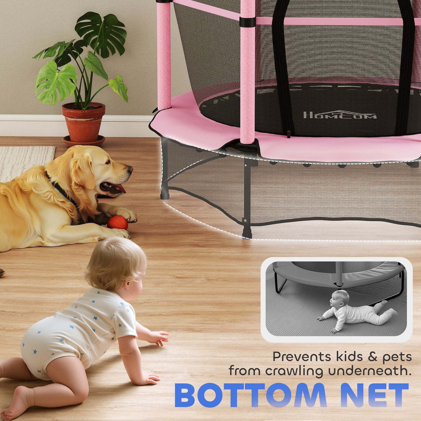 HOMCOM 4.6FT/55" Kids Trampoline with Enclosure Net, Outdoor Indoor Use, for Ages 3-10 Years, Pink