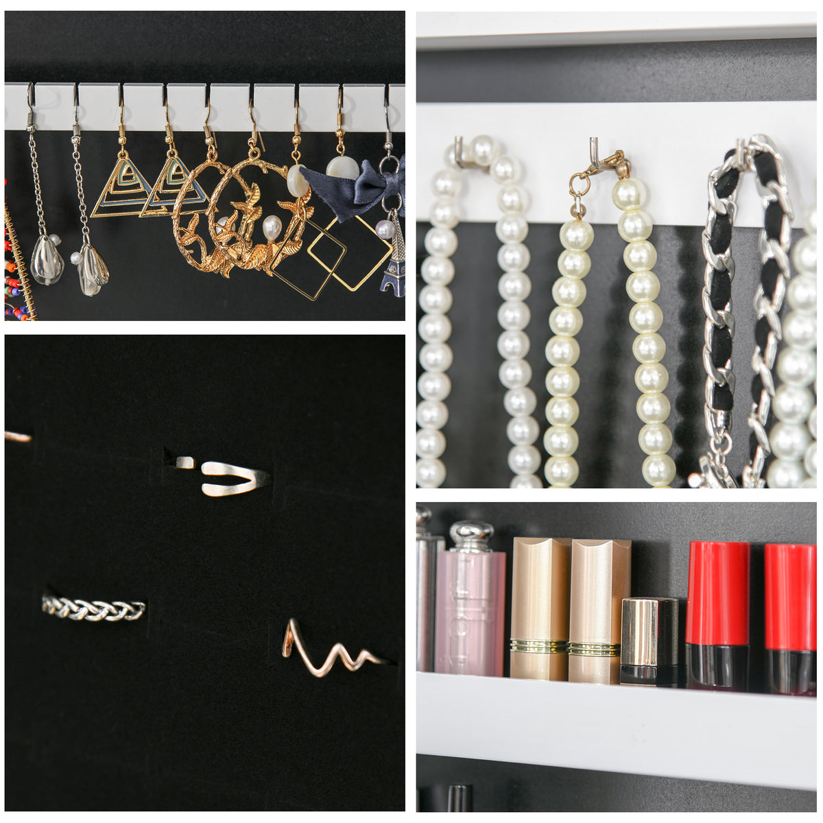 Jewelry cabinet interior with earring slots, necklace hooks, ring storage, and cosmetic shelves.