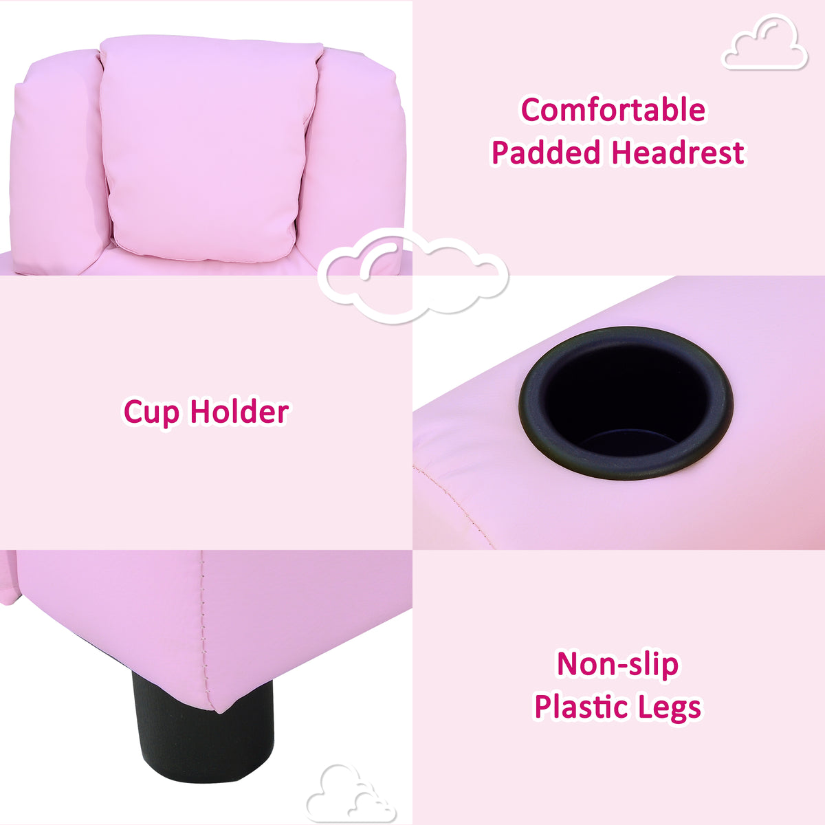 Pink kids' recliner chair details, including padded headrest, cup holder, and plastic leg