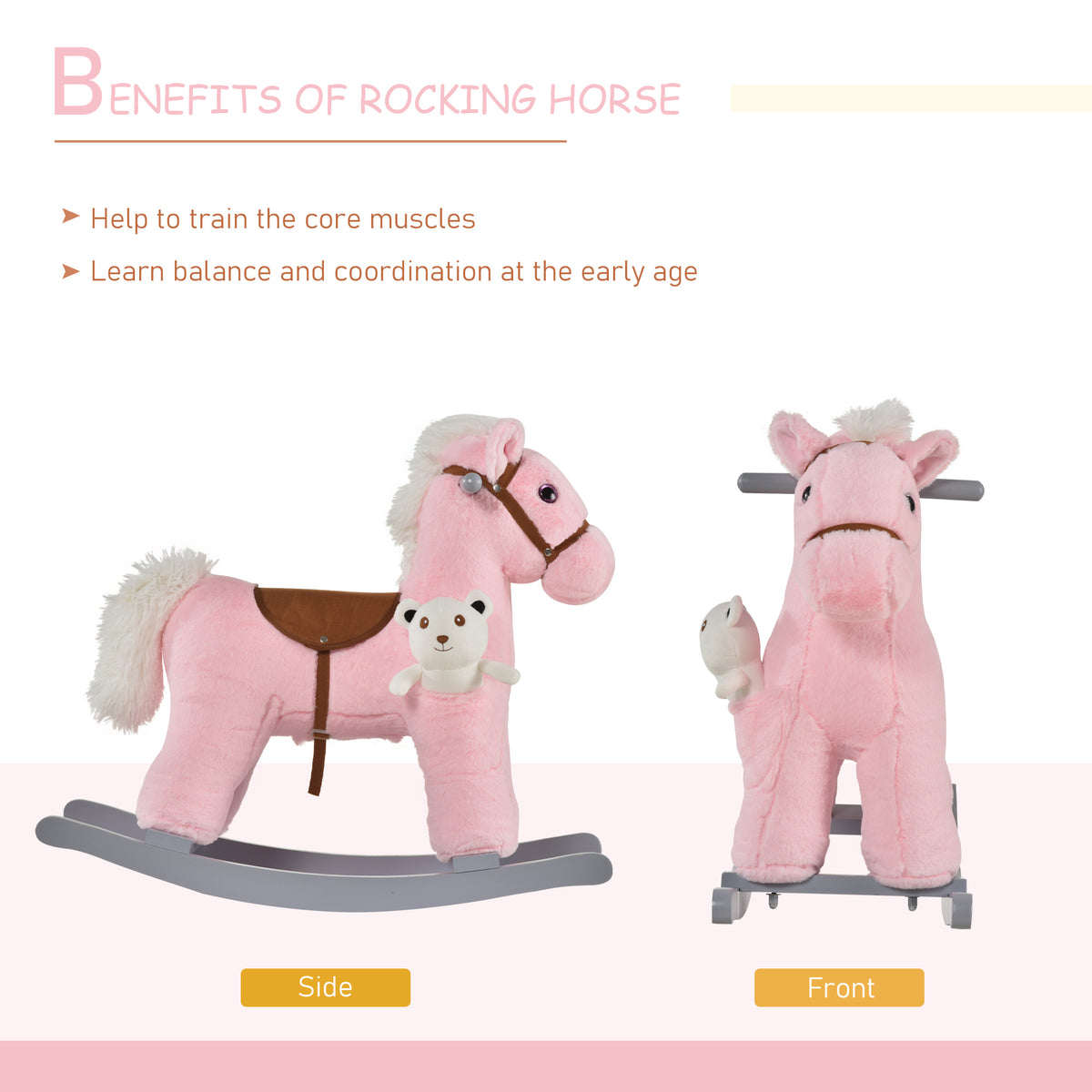 Pink plush rocking horse shown from the side and front, with a brown saddle and gray rockers