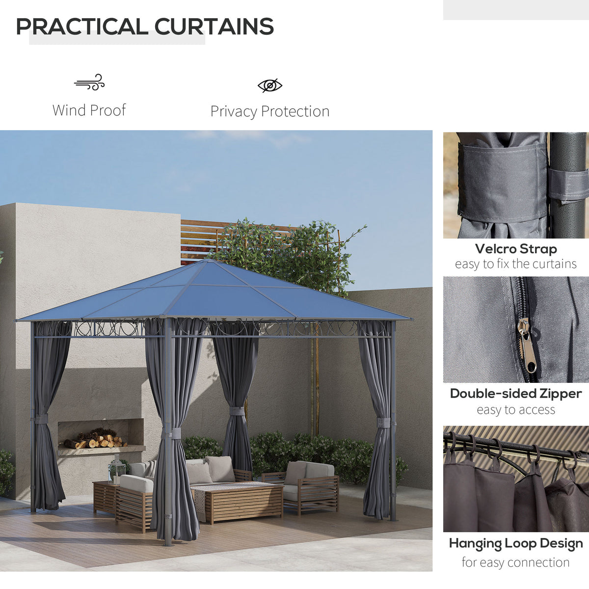 Outsunny gazebo with grey curtains, showing tie straps, zipper and hanging loops