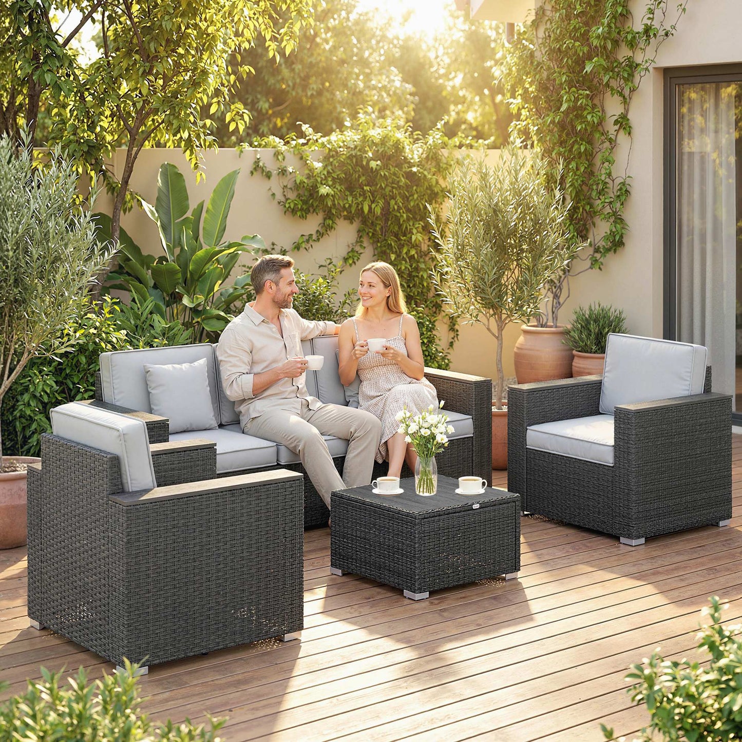 Outsunny 5 Seater Rattan Garden Furniture Set with Wide Armrests, Cushions, Pillows for Patio, Dark Grey