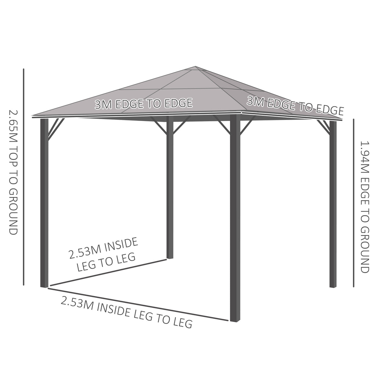 Hardtop gazebo frame with roof and leg spacing dimensions