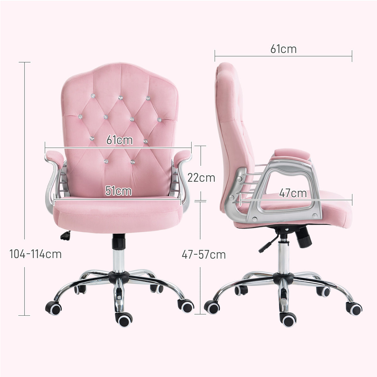 Pink work chair shown front and side, with seat and back dimensions