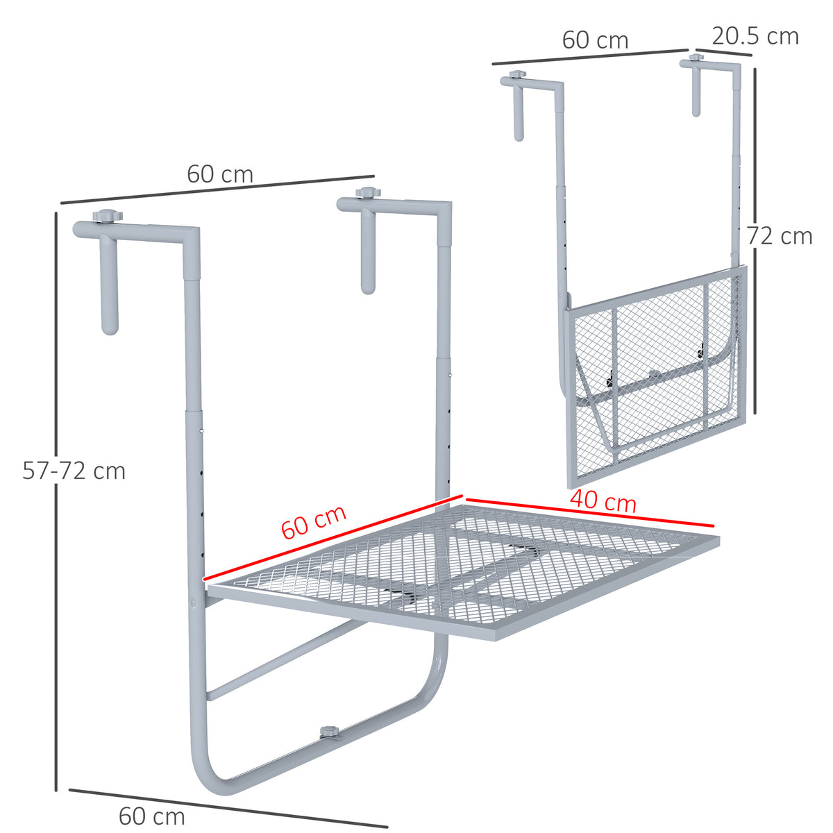 Grey folding balcony table shown with dimensions and folded configuration