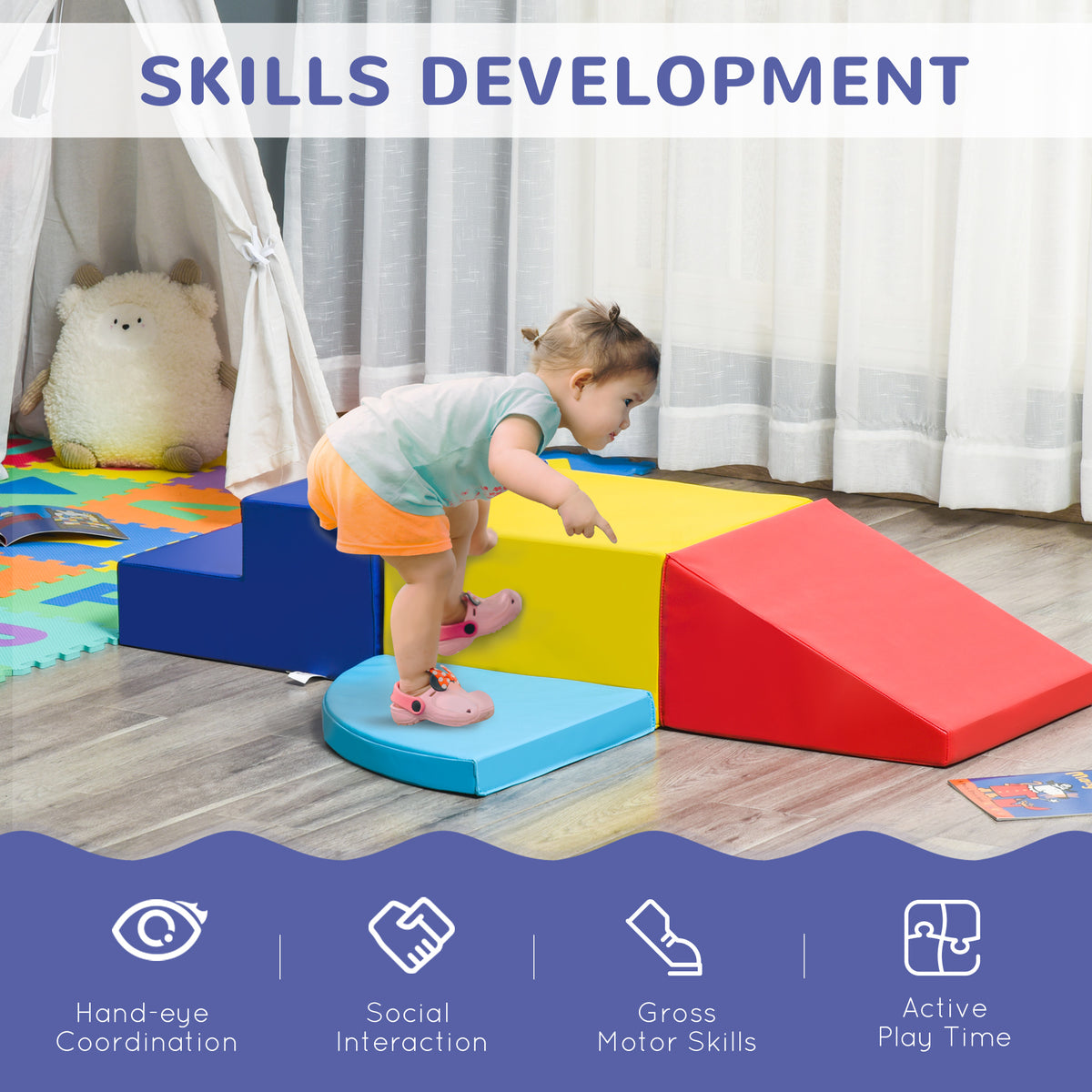 HOMCOM foam toddler play set with blue steps, yellow block, red ramp and curved blue platform