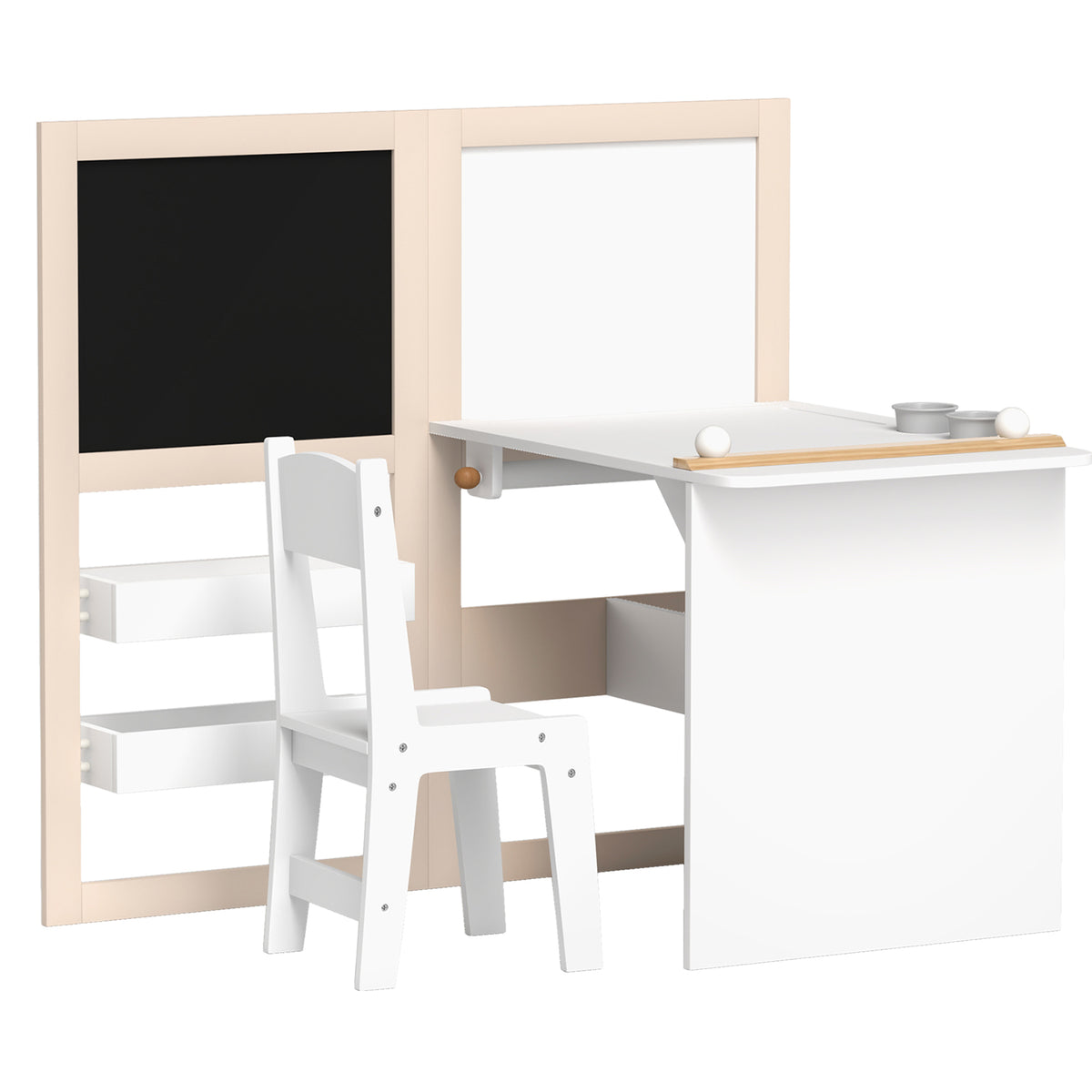 White 3-in-1 children's table and chair set with blackboard, whiteboard, shelves, and roll paper